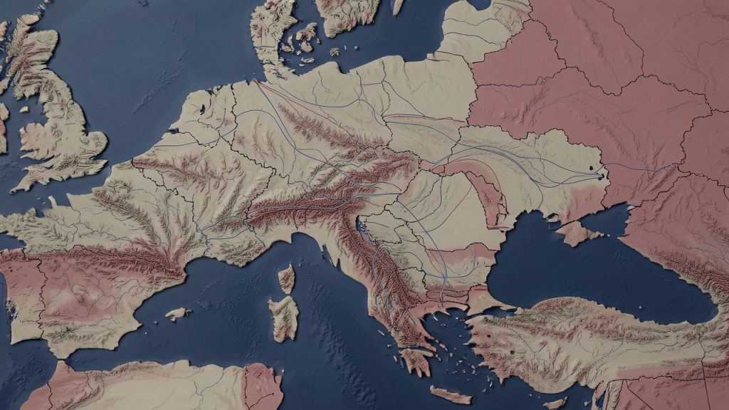 Carte éditoriale réaliste et sobre de l’Europe de l’Est, centrée sur l’Ukraine et la Crimée, avec des bandes directionnelles indiquant les principaux axes militaires de 2022.