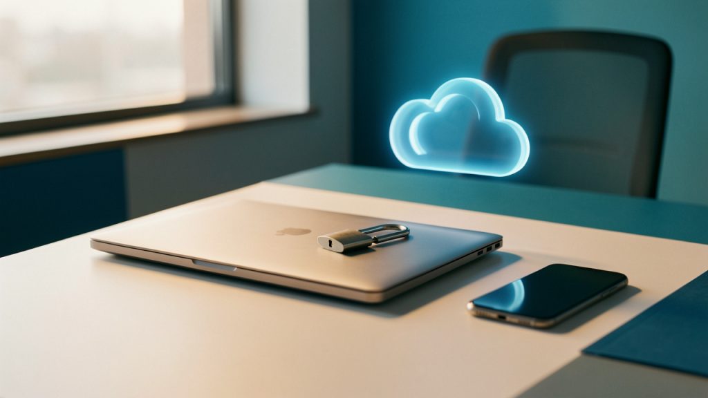Bureau moderne et épuré avec un ordinateur portable fermé et sécurisé par un cadenas, un smartphone et un nuage lumineux évoquant le stockage numérique sécurisé.