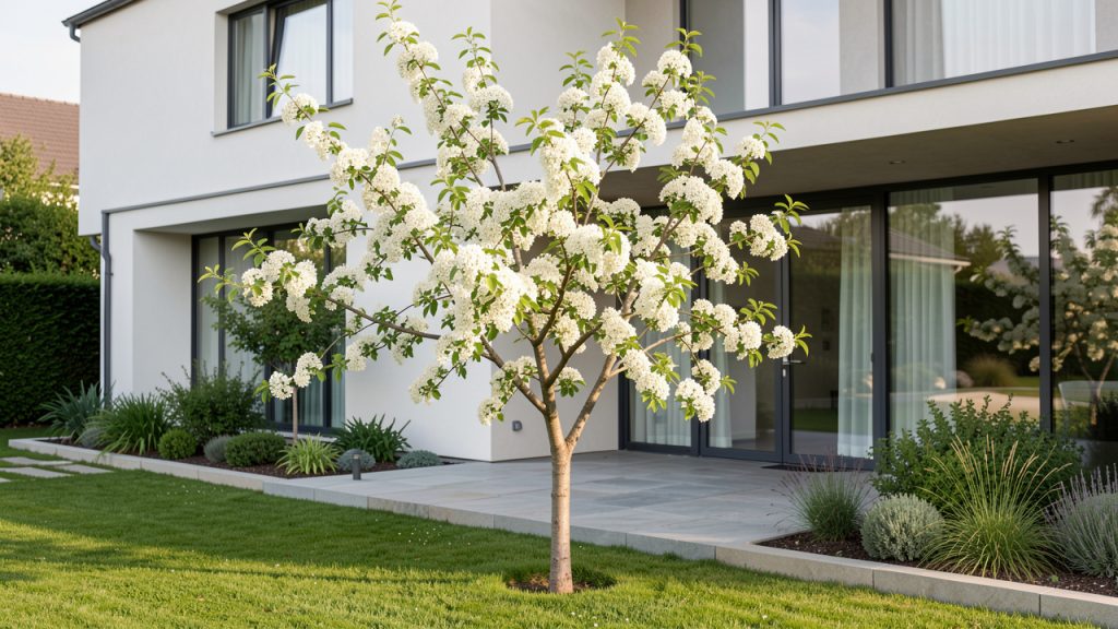 Jardin d'une maison contemporaine avec un amélanchier fleuri planté à distance de la façade, une terrasse minérale et une pelouse bien entretenue sous une lumière naturelle.