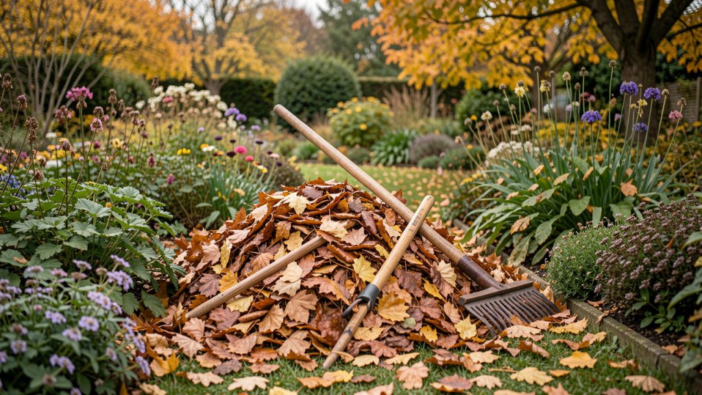 Jardin d’automne où des feuilles mortes sont rassemblées au râteau près de massifs de plantes vivaces, sous une lumière douce.