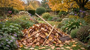 Jardin d’automne où des feuilles mortes sont rassemblées au râteau près de massifs de plantes vivaces, sous une lumière douce.