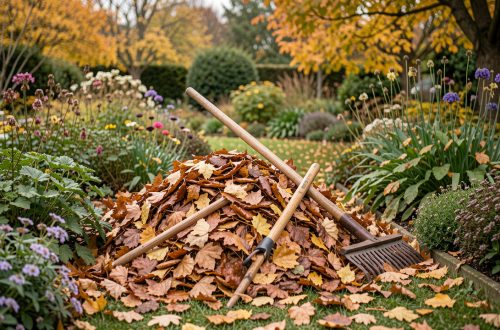 Jardin d’automne où des feuilles mortes sont rassemblées au râteau près de massifs de plantes vivaces, sous une lumière douce.