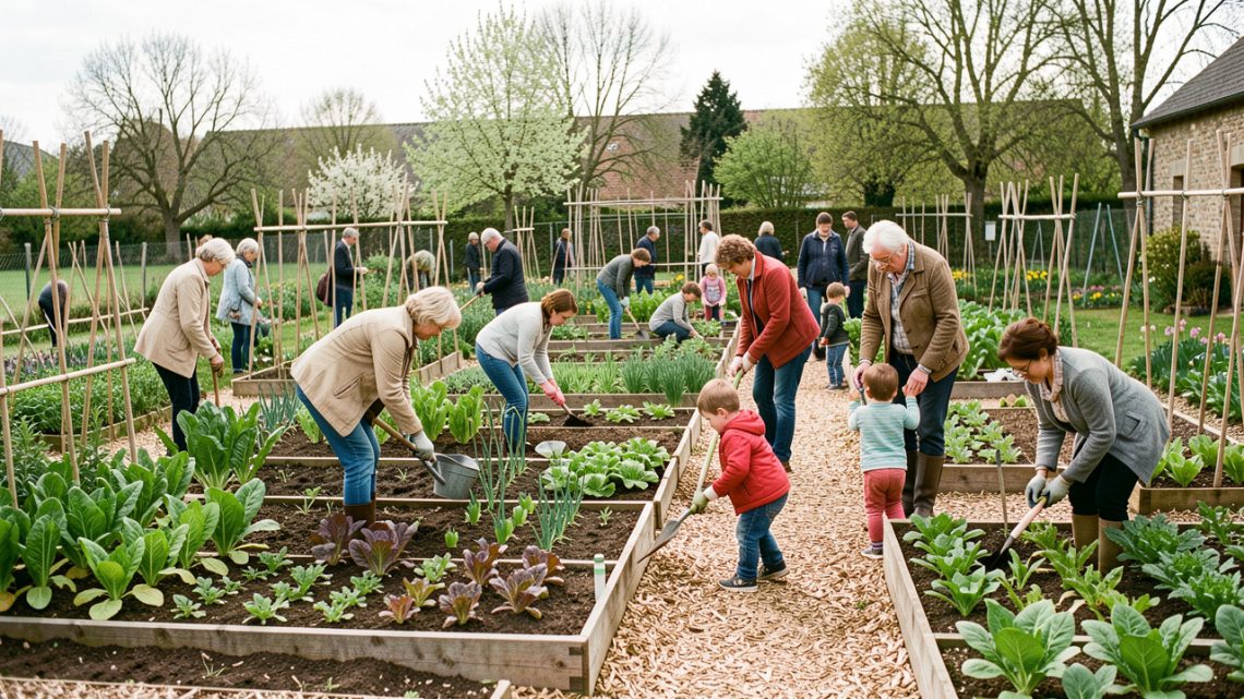 Jardin collectif à Tonnerre au printemps, avec des planches de légumes, des allées en copeaux et des habitants de tous âges qui jardinent à la lumière naturelle.