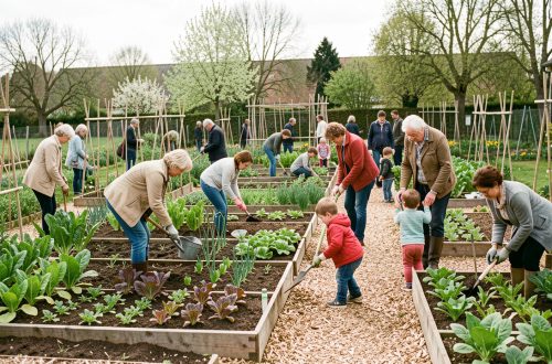 Jardin collectif à Tonnerre au printemps, avec des planches de légumes, des allées en copeaux et des habitants de tous âges qui jardinent à la lumière naturelle.