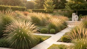 Jardin contemporain français planté de grandes touffes de molinie et de calamagrostis baignées par la lumière dorée de la fin de l’été.