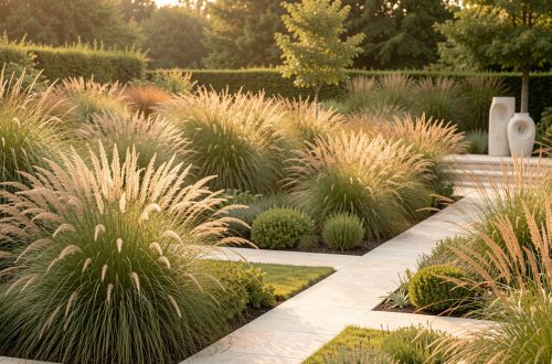 Jardin contemporain français planté de grandes touffes de molinie et de calamagrostis baignées par la lumière dorée de la fin de l’été.