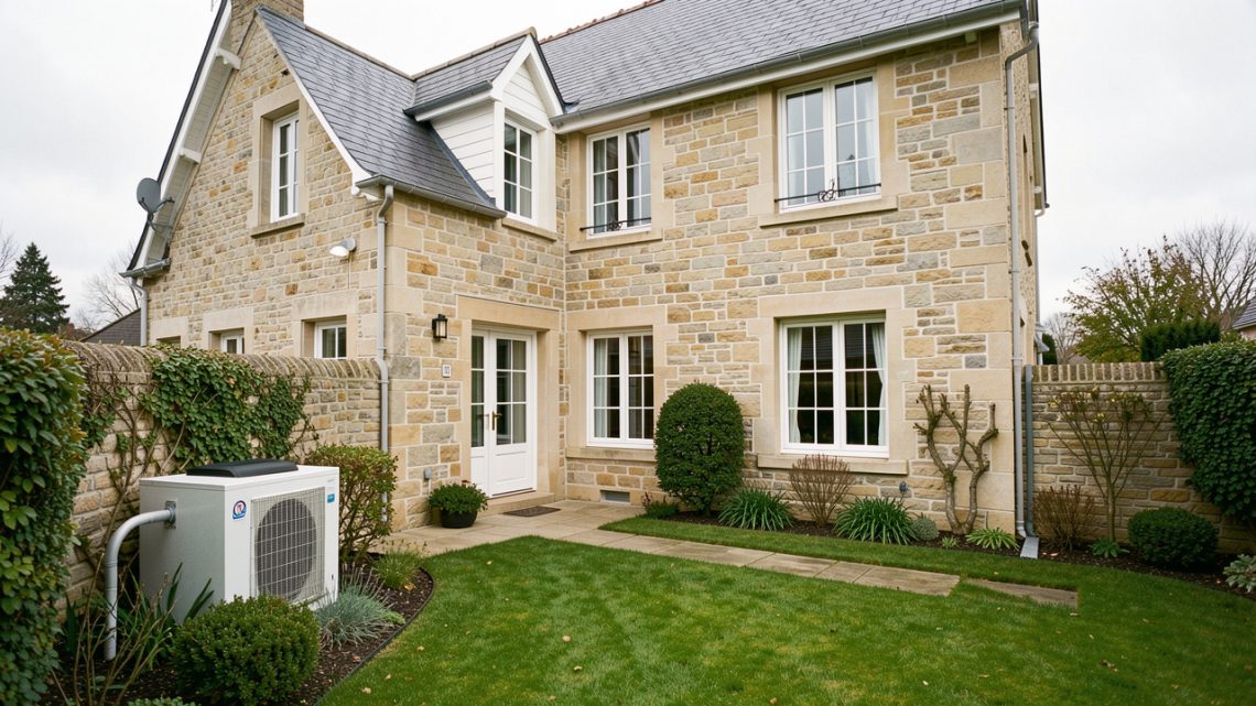 Maison individuelle française en rénovation avec une pompe à chaleur air-eau extérieure discrètement installée dans le jardin.