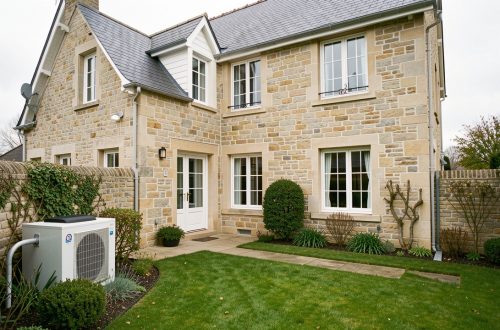 Maison individuelle française en rénovation avec une pompe à chaleur air-eau extérieure discrètement installée dans le jardin.