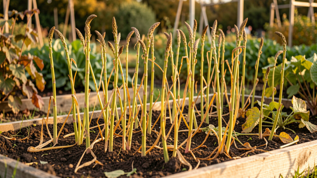 Aspergeraie familiale aux tiges jaunies et sèches dans un jardin potager naturel, éclairée par une douce lumière de fin de journée en automne.