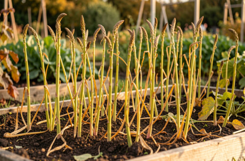 Aspergeraie familiale aux tiges jaunies et sèches dans un jardin potager naturel, éclairée par une douce lumière de fin de journée en automne.