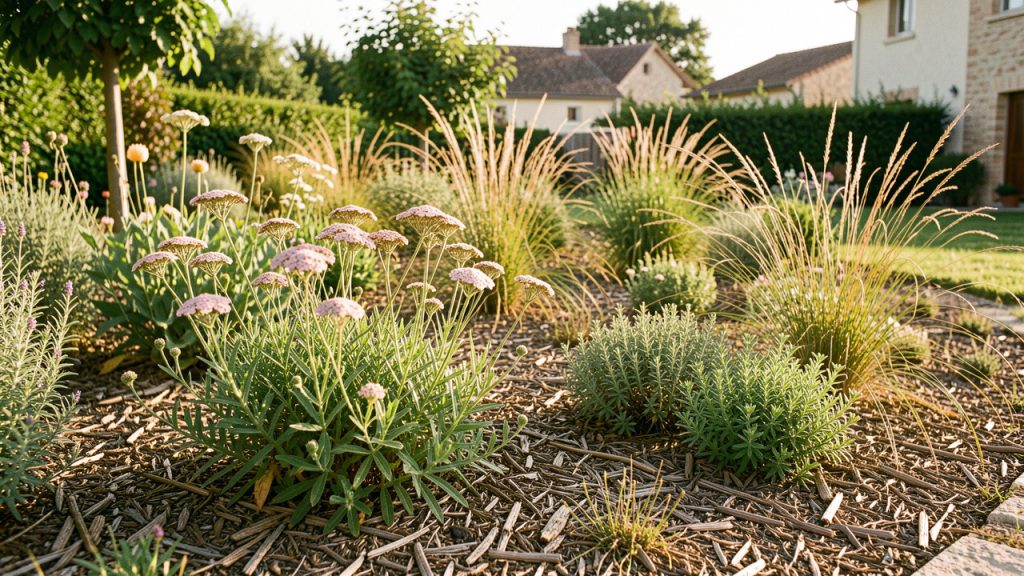 Jardin résidentiel à Colomiers en été, avec un massif sec paillé composé d’achillées, d’origan et de graminées locales baignés de lumière chaude.