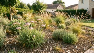 Jardin résidentiel à Colomiers en été, avec un massif sec paillé composé d’achillées, d’origan et de graminées locales baignés de lumière chaude.