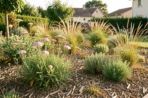 Jardin résidentiel à Colomiers en été, avec un massif sec paillé composé d’achillées, d’origan et de graminées locales baignés de lumière chaude.