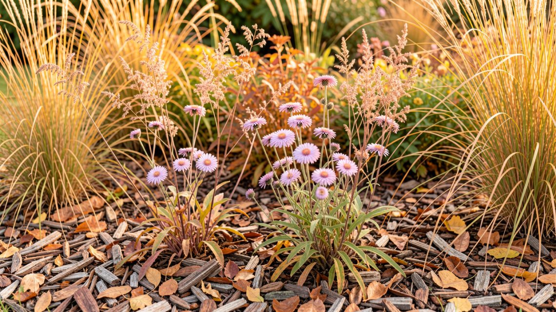 Massif automnal lumineux avec asters défleuris, gauras aux tiges sèches et sol couvert de feuilles broyées.