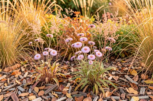 Massif automnal lumineux avec asters défleuris, gauras aux tiges sèches et sol couvert de feuilles broyées.