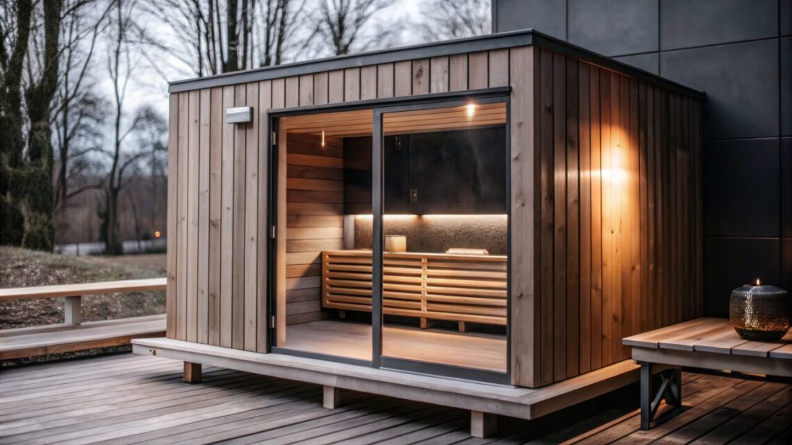 Petit sauna extérieur en bois installé dans un jardin.