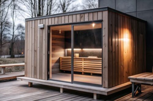 Petit sauna extérieur en bois installé dans un jardin.